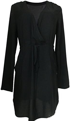 HiCollection Loose Fit Long Sleeve V Neck Casual Shift Dress Adjustable Belt Black XL