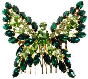 Butterfly Rhinestone Crystal Hair Comb Green Slide Pin Bridal Bridesmaid