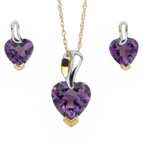 10k Yellow Gold Amethyst Heart Shaped Pendant and Stud Earring Set