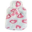 Large 2L Hot Water Bottle Soft White Cover Pink Hearts