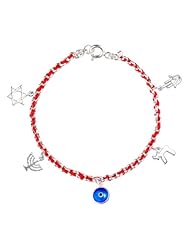Kabbalah Red String Bracelet Woven in Silver with Five Traditional Charms - Blue