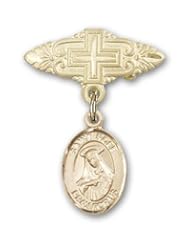 14K Gold Baby Badge with St. Rose of Lima Charm and Badge Pin with Cross