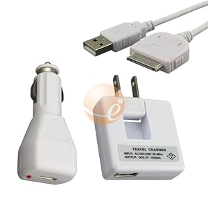White Universal USB Car + Home Wall Charger Adaptor + 2-in-1 Data Charging Cable for Apple iPad / iPhone / iPhone 3G / iPod Video / iPod Touch / iPod nano