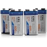 EBL 4 Pack 9V 6F22 600mAh High Volume Lithium-ion Rechargeable 9 Volt Li-ion Batteries