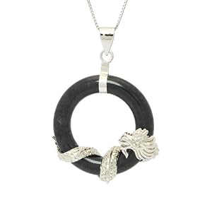 Click here to buy Sterling Silver Charcoal Jade Circle Pendant with Dragon on Chain, 18 by Amazon.com Collection.
