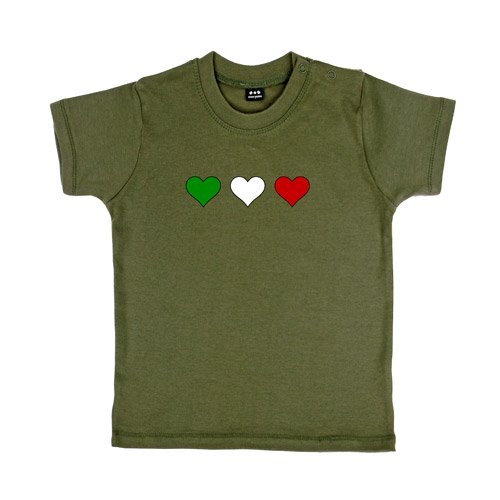 Baby – Kleinkinder T-Shirt – Italia 3 Herzen klein in Grün-Weiß-Rot – Textil khaki / Motiv farbig Gr. 12-18 Monate