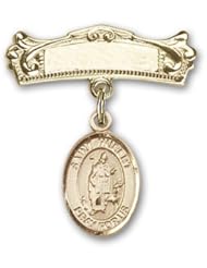 14K Gold Baby Badge with St. Hubert of Liege Charm and Arched Polished Badge Pin