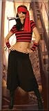 Mistress Pirate 6 Piece Costume Includes Gaucho Pants, Crop Top, Arm Bands, Head Scarf, Eye Patch and Dagger. Sizes Small/Medium, Medium/Large or Large/X-Large.