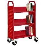 Sandusky SL327-01 Red Heavy Duty Welded Steel Single Sided Sloped Shelf Book Truck, 3 Shelves, 200 lb. Capacity, 46