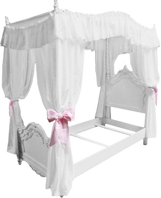 Girl's Princess Twin Size Solid White Drape Canopy with Light Pink Ribbon Ties