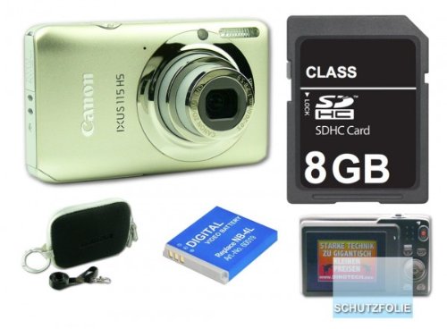Canon Ixus 115 Silber Digitalkamera, ORIGINALVERPACKT, mit 8 GB SDHC Karte, Tasche, Schutzfolie, 2-tem Fremdhersteller AKKU