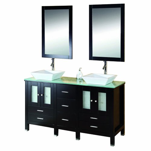 Virtu USA MD-4305G Bradford 60-Inch Double Sink Bathroom Vanity with Tempered Glass Countertop, White Ceramic Basins