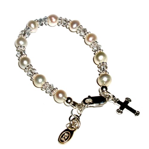 Sterling Silver Christening Baptism Bracelet for Baby with Freshwater Pearls & Crystals with Silver Cross in Gift Box, 0-12 Months (4 - 4.5