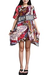 General Print Short Sleeves Linen Mini Dress 