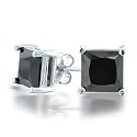 Bling Jewelry Unisex Mens Black CZ Sterling Silver Basket Set Square Princess Cut Stud Earrings (1ct 6mm)