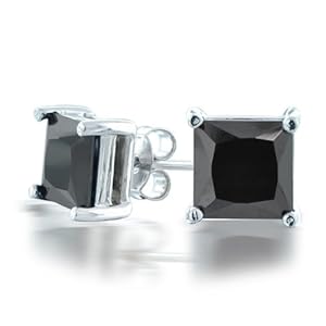 Bling Jewelry Mens Silver CZ Basket Set Princess Cut Black Stud Earrings 6mm
