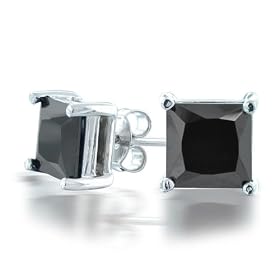 Bling Jewelry Unisex Mens Black Diamond CZ Sterling Silver Princess Cut Stud Earrings-1.3ct(6mm)