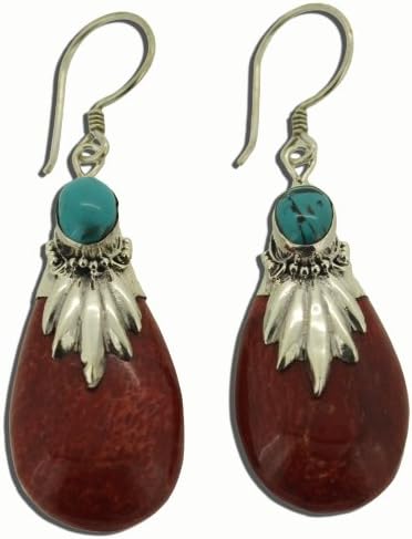 Pretty Tear Shaped Coral Turquoise Drop Earrings 925 Sterling Silver