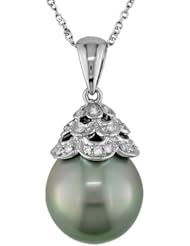 14k White Gold 10-10.5 MM Tahitian Cultured Pearl, and Diamond Pendant (0.63 Cttw, G-H Color, I1-I2 Clarity), 17"
