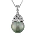 10K White Gold .06 ctw Diamond and 10-11mm Tahitian Pearl Pendant with Chain