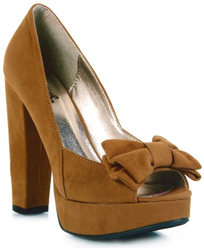 Qupid Naima-07 Chunky Heel Peep Toe Bow Pump