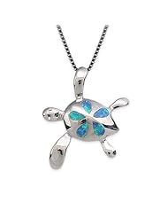 Silver Blue Opal Plumeria Turtle Necklace Pendant with Chain
