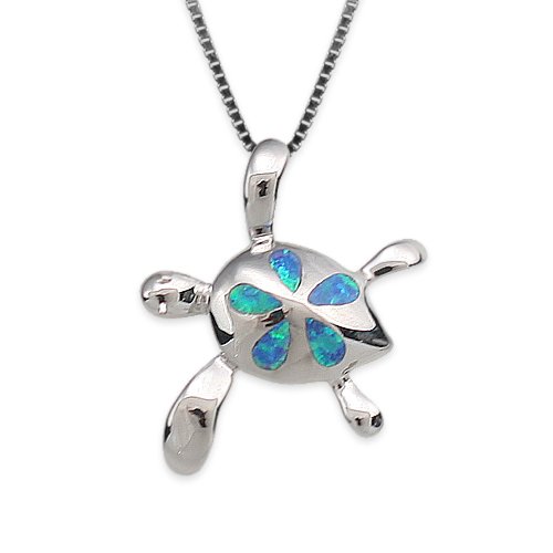 Silver Blue Opal Plumeria Turtle Necklace Pendant with Chain