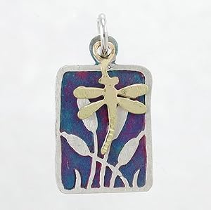Purple Patina Cat Tail Pendant in Sterling Silver with Brass Dragonfly, #8771