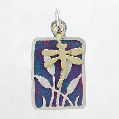 Rectangular Purple Cat Tail Pendant in Sterling Silver with Patina Finish and Brass Dragonfly Accent, #8771