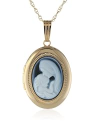 14k Yellow Gold Blue Agate Cameo Oval Locket with Mom and Child Necklace, 18"