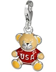 SilberDream Charm beige and red enameled teddy USA, 925 Sterling Silver Charms Pendant with Lobster Clasp for Charms Bracelet, Necklace or Earring FC662