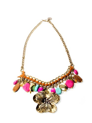 JousJous.com Brown Copper Chain & Flower, Turquoise and Purple Charms Sequin Dogwood Necklace, Matinee Length, 24