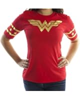 Wonder Woman Gold Foil Striped Sleeves Red Juniors T-shirt Tee