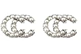 Double Cc Initial Letter C Swarovski Pearl Studs : Pretty Rhinestone Fashion Earrings (Medium 12x9mm) Designer Inspired Set with White Pearls