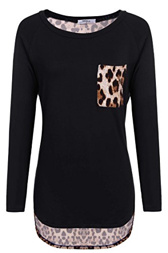 Meaneor Women's Long Sleeve Loose Leopard T-Shirt Tops Hi low Blouse With Pocket