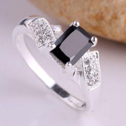 Sterling Silver Rhodium Plated 5X7 Oblong Cut Simulated Black Onyx Ring Size 6