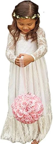 Wallbridal Vintage Long Sleeves Soft Princess Lace Flower Girl Dress Junior Girl Dress (8, Ivory)