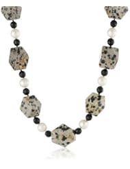 Fancy Faceted Dalmatian Jasper with 6mm Faceted Black Agate Beads and 8-8.5mm White Freshwater Cultured Pearls Accented Necklace, 18"