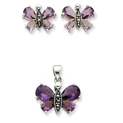 Sterling Silver Marcasite and Purple CZ (Cubic Zirconia) Earring and Pendent Set