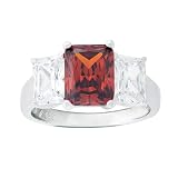 Platinum Plated Sterling Silver Cubic Zirconia Emerald-Cut Three-Stone Ring Red Center Stone, Size...