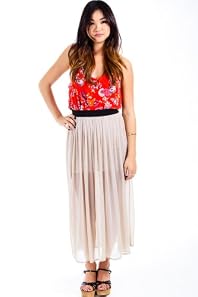 Lola's Collection Lined Sheer Long Skirt in Beige