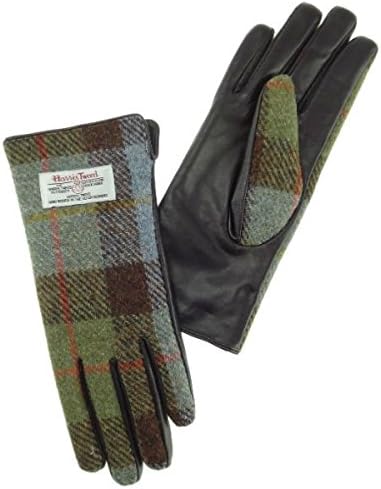 Ladies 100% Harris Tweed and Brown Leather Traditional Tartan Check Gloves / Mitts