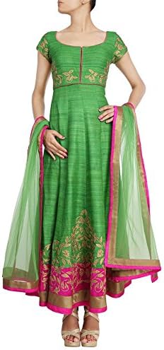 Seema Gujral designer wear green anarkali spruced with hints of pink and tilla work by Kimaya