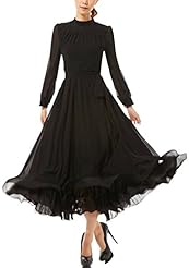 Shift Chiffon Long Sleeves Ankle Length Belted Vintage Party Dress 