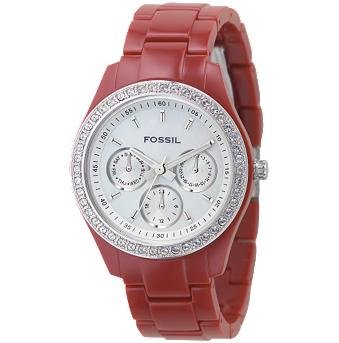 Fossil #ES2158 Women's Crystal Accented Multi Function Red Acrylic Watch