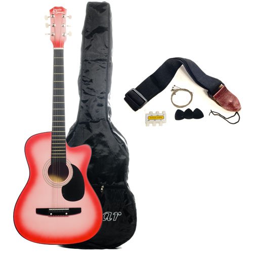 Austin Bazaar 38 Inch Pink Cutaway Acoustic Guitar with Gig Bag and Accessories