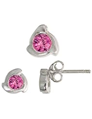 Sterling Silver Matte-finish Fancy Stud Earrings (6mm) & Pendant Slide (8mm tall) Set, w/ Brilliant Cut Pink Tourmaline-colored CZ Stones