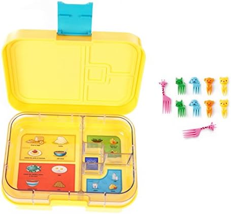 Leakproof Bento Box with Removable 4 Section Tray | Nontoxic, Easy to Clean, for Kids &amp; Adults | 16 Bonus Lunchbox Notes by Three Squares, (Sunflower Yellow) + 10 Piece Bento Food Picks