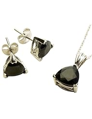 Midnight Black Sapphire Collection - beautiful trilliant shaped pendant measuring approx. 9mm hanging from an 18" sterling silver chain with earrings set in 925 sterling silver with comfortable butterfly backs
