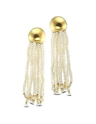 White Pearl And Yellow Gold Plated Silver Long Multi-Strand Dangling Earrings